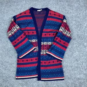 Monarch Knits Cardigan Womens Size L Red Blue Aztec Tribal Open Front Vintage